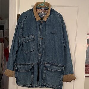 Vintage fully flannel lined Denim chore coat with Tan corduroy Accents